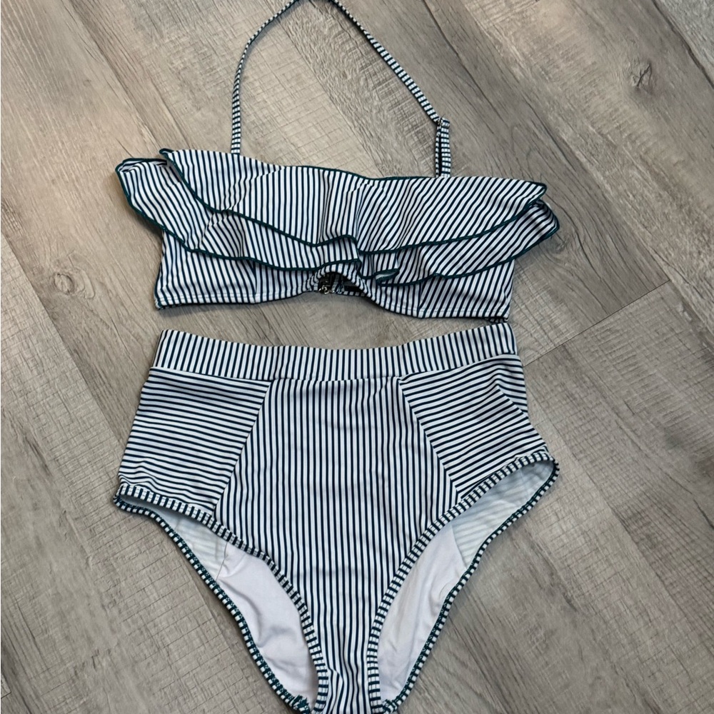 White and Blue Bikini Set with Ruffled Bandeau